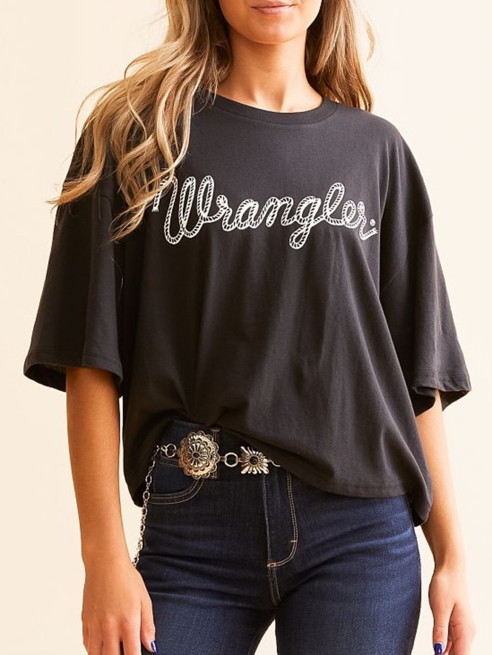 🖤 Wrangler Rope Logo Washed Black Oversized T-Shirt Medium Western